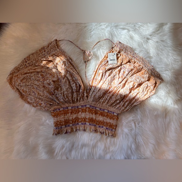 Free People Smocked Elastic V-Neck Blouse In Ivory Combo Size medium NEW - Picture 2 of 4
